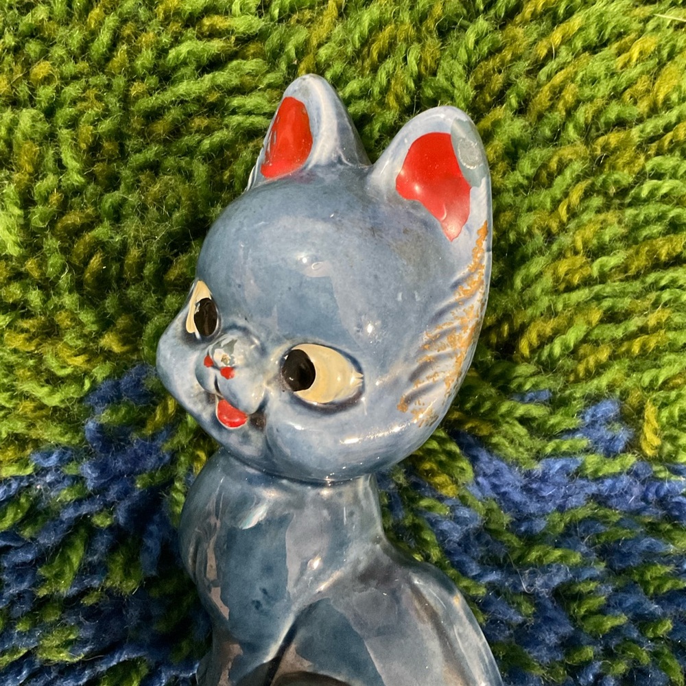 VTG Small Blue Cat Ceramic Figurine Japan Pointed Ears Mid Century - Picture 4 of 7
